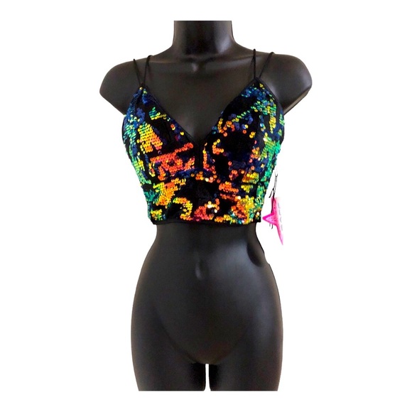 Sexy Cropped padded mermaid sequin‎ v-neck velvet bustier top. size XS new - Picture 3 of 16